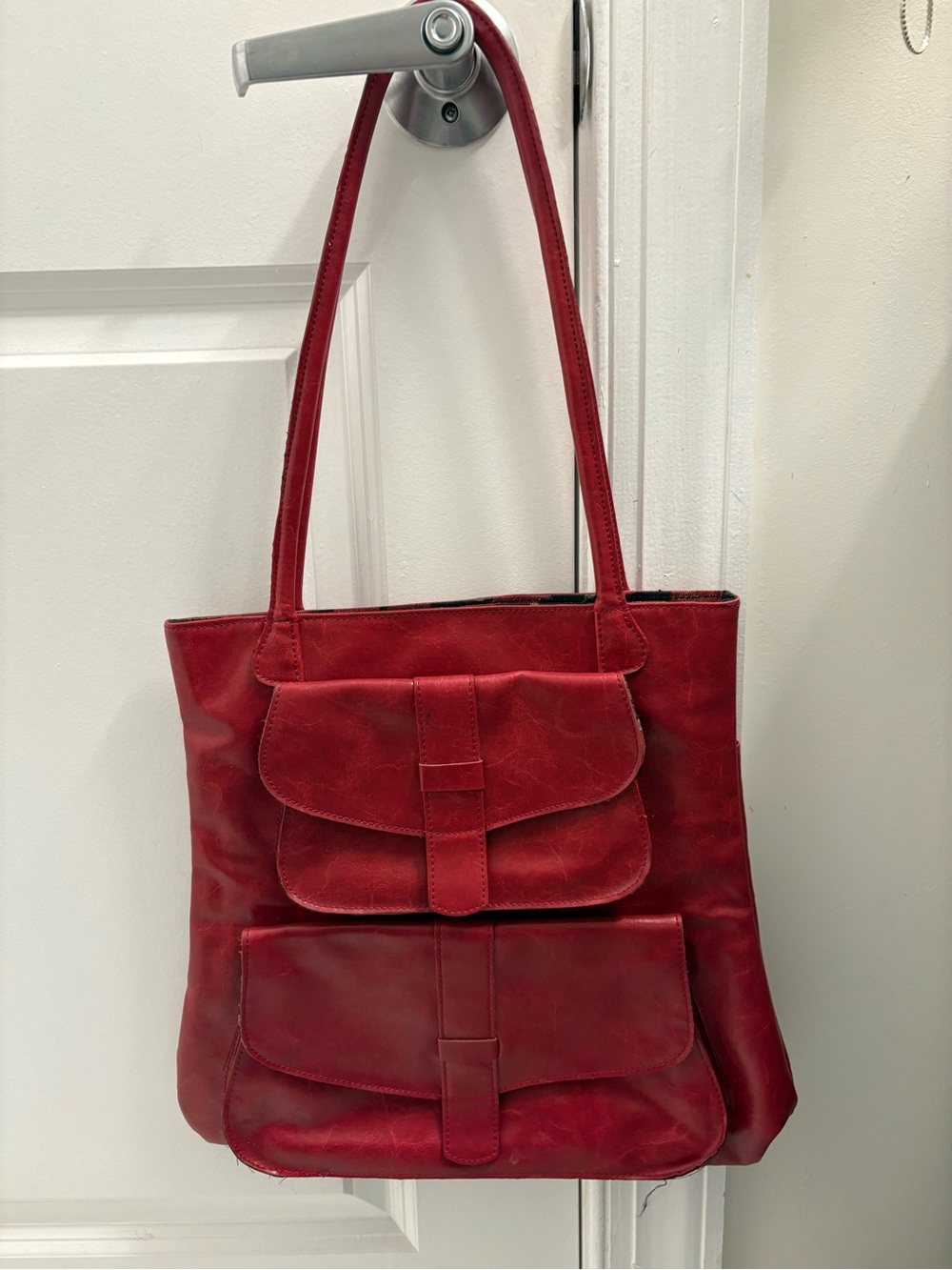 Sabina Red Leather Shoulder Tote with Front Flap Pockets